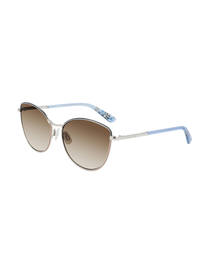 Metal cat-eye sunglasses with silver and navy frames, brown gradient lenses, and translucent blue patterned temples