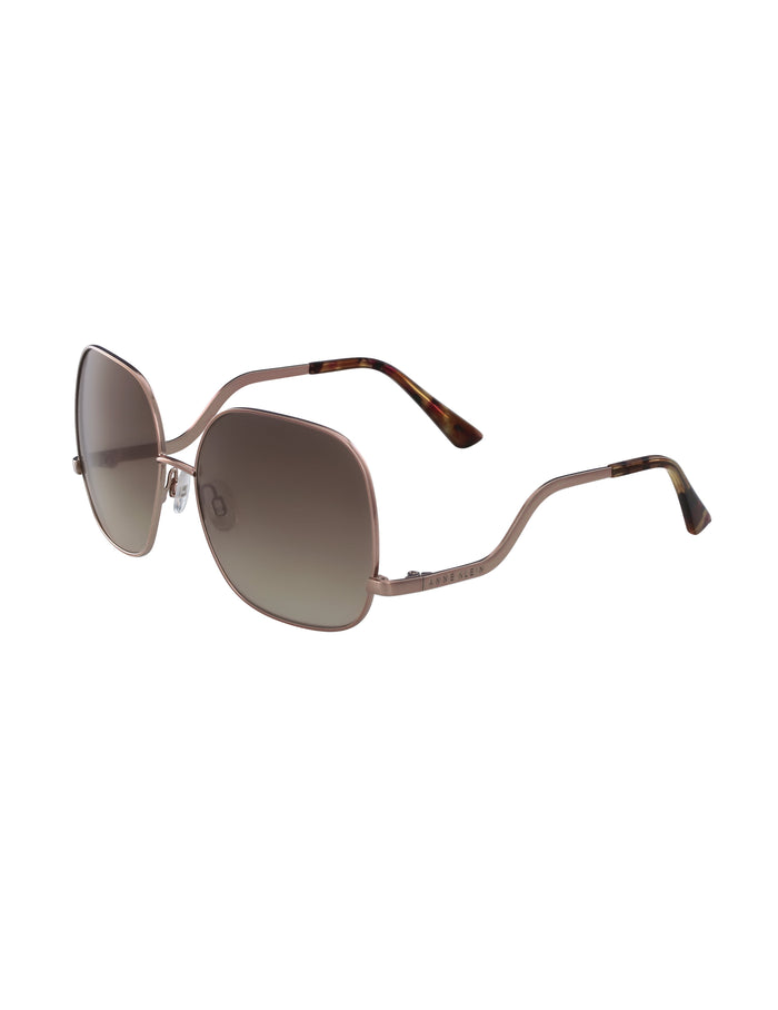 Anne Klein rose gold metal square frame sunglasses with gradient brown lenses and tortoiseshell temple tips
