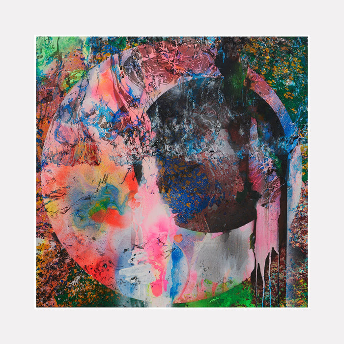 Mirror Eye with Black Hole by Millie Benson features a vibrant abstract circular composition with a dark void center. Explosive coral, neon pink, and electric blue tones radiate outward, while dripping paint effects and textural elements created with gouache and spray paint create dynamic movement. Green accents and metallic shadows complete this contemporary mixed-media canvas artwork.