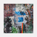 The artwork 'My Body Was a House' by Millie Benson features an abstract composition with vibrant splashes of color. A central blue window-like shape stands amid textural layers of black, red, and green paint. A striking rainbow stripe cuts vertically through grey tones, while expressive brushstrokes and spray paint create dynamic movement across the 48-inch square canvas.