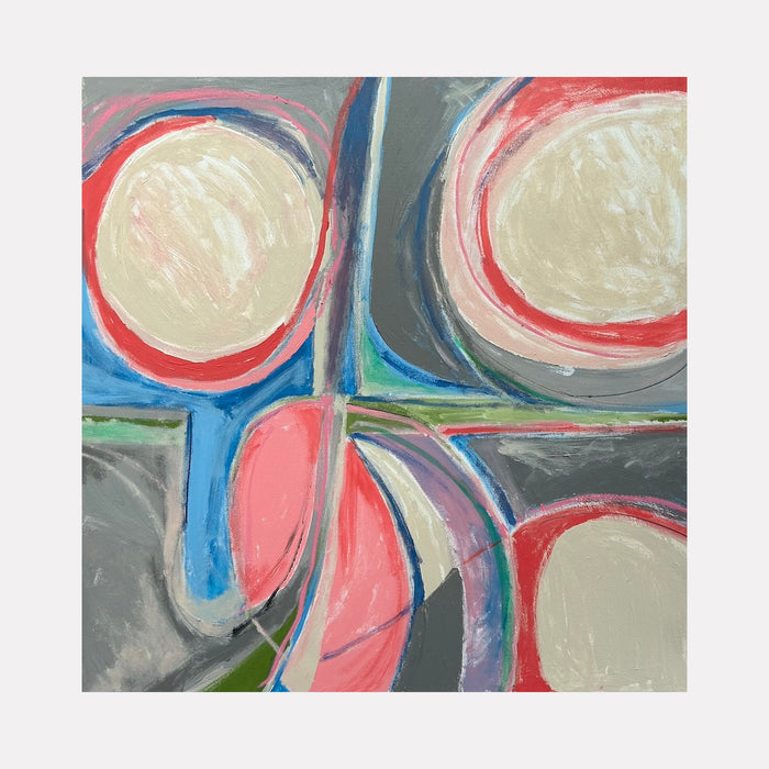 The artwork 'Off Center' features abstract geometric shapes with bold curved lines and circles in a dynamic composition. Soft cream-colored orbs are outlined by vibrant coral and blue strokes against a gray background, with touches of mint green accents. The acrylic painting showcases a modern, fluid style on canvas. By Beth Barry.