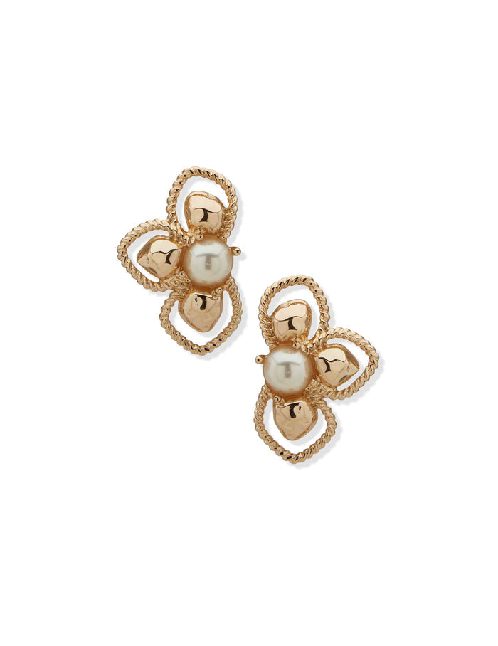 Anne Klein Gold Tone Openwork Hammered Floral Earrings in Gold and Pearl
