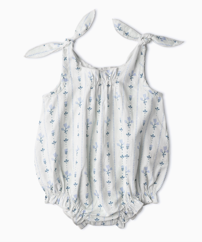 Organic Tie Shoulder Bubble Romper Blue Vines
