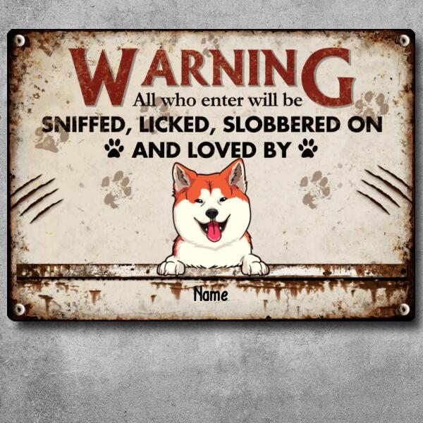 Pawzity Warning Metal Yard Sign, Gifts For Dog Lovers, All Who Enter Will Be Loved By The Dogs Funny Warning Sign