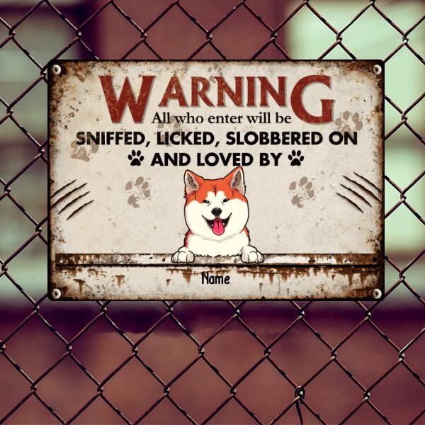 Pawzity Warning Metal Yard Sign, Gifts For Dog Lovers, All Who Enter Will Be Loved By The Dogs Funny Warning Sign