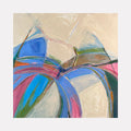 The artwork 'Periwinkle' by Beth Barry features dynamic curved brushstrokes in vibrant blues, pinks, and greens against a soft beige background. Abstract shapes create a sense of flowing movement across the canvas, with bold arcs intersecting to form a harmonious composition in acrylic paint. The piece combines organic forms with contemporary abstract expressionism. By Beth Barry.
