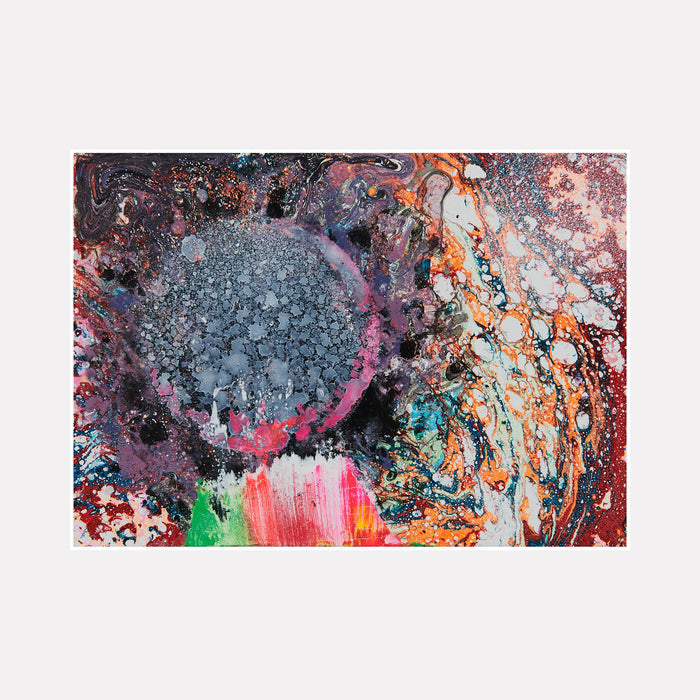 The artwork 'Phantom Planet' features a cosmic abstract composition with swirling textures in vibrant coral, turquoise, and metallic grey. A central spherical mass evokes a mysterious celestial body, surrounded by dynamic paint patterns suggesting nebulous space gases and cosmic energy. Created using mixed media on wood by Millie Benson.