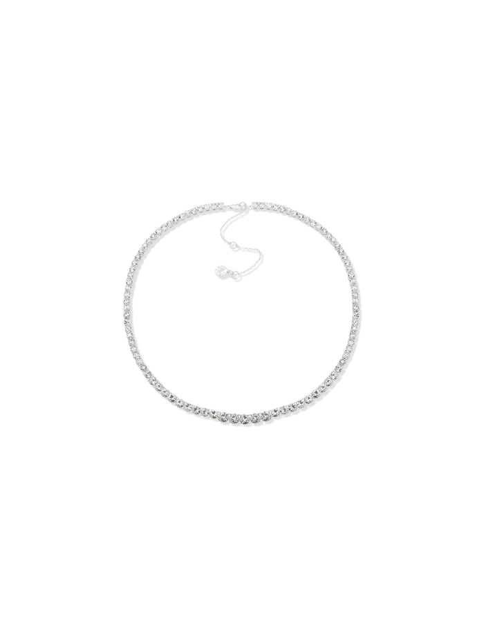 Silver crystal tennis collar necklace with round prong-set stones and adjustable chain extender