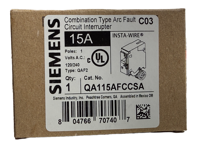 QA115AFCCSA | Siemens 15 Amp Single Pole Arc Fault (AFCI) Breaker
