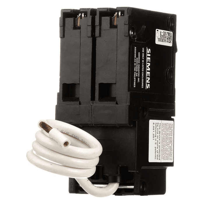 Rear view of Siemens QF215ACSA 15A 2 Pole GFCI breaker showing plug-in terminals and coiled neutral wire for 240V panel installation.
