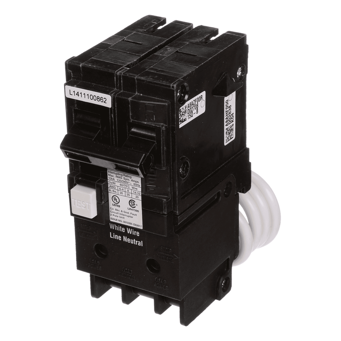 Angled view of Siemens QF215ACSA GFCI breaker featuring dual 15A switches, test button, and CSA/UL certification labels for safety compliance.