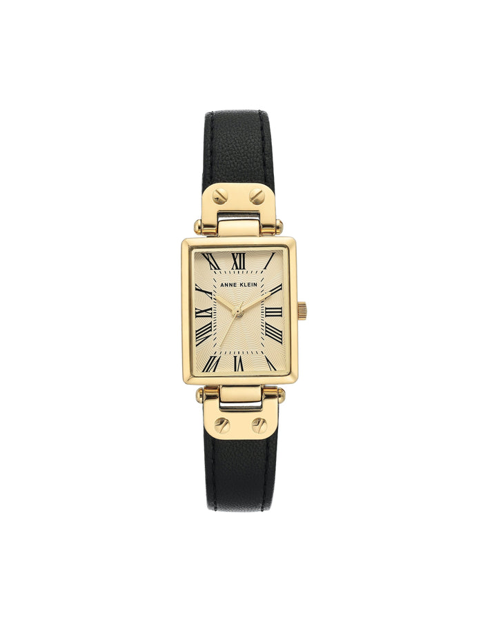Anne Klein Black&Gold-Tone Rectangular Case Leather Strap Watch