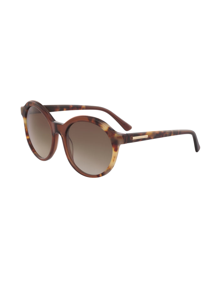 Round tortoiseshell sunglasses with brown gradient lenses, oversized frames, and gold-tone temple detail