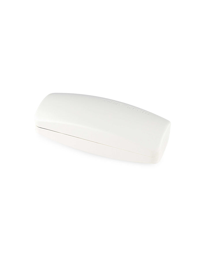 Anne Klein white hard eyeglass case with embossed logo, clamshell style, smooth matte finish