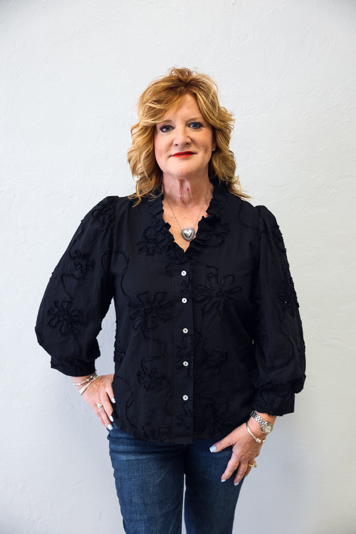 Ruffle Detail Button Down 3D Floral Top Black