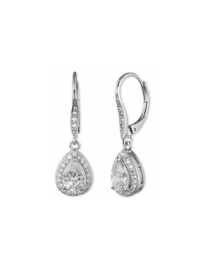 Anne Klein Silver Tone Silver CZ Pear Eurowire Drop Earrings