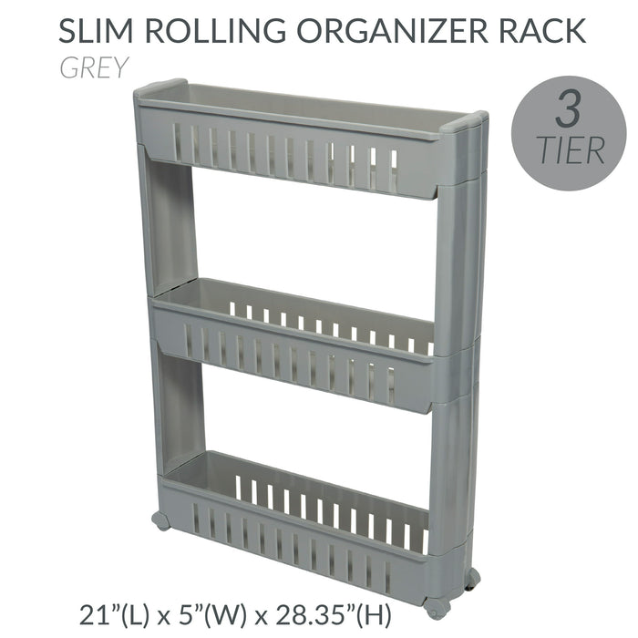 Simplify 3 Tier Slim Slide Out Plastic Storage Cart in Grey for Laundry Room or Closet