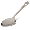 A 9.5 inch solid spoon made of stainless steel with a hole in the handle.