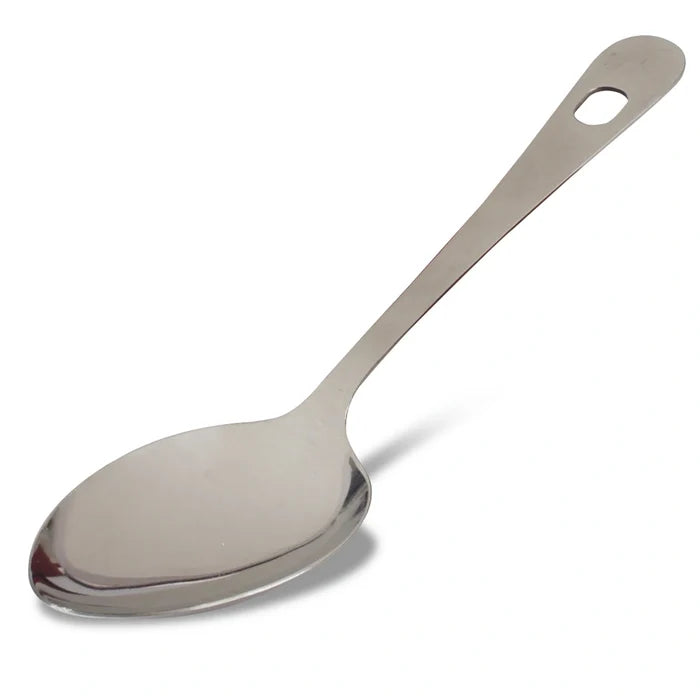 A 9.5 inch solid spoon made of stainless steel with a hole in the handle.