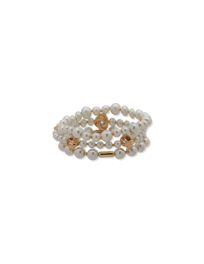 Anne Klein Gold Tone Stretch Set Pearls With Knots Bracelet