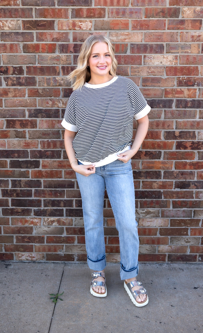 Stripe Contrast Trim Rib Banded Top Black