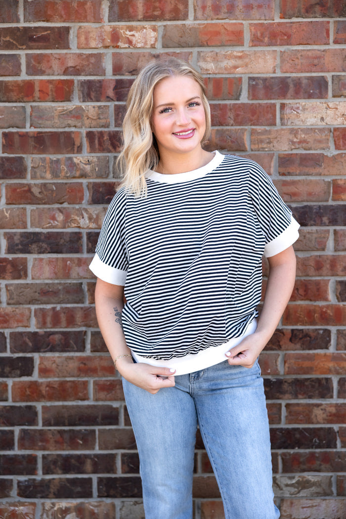 Stripe Contrast Trim Rib Banded Top Black