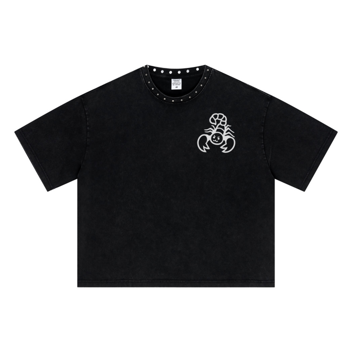 310GSM Men’s Boxy-Fit Distressed Fried-Color Snow-Wash Studded Loose T-shirt Vintage black