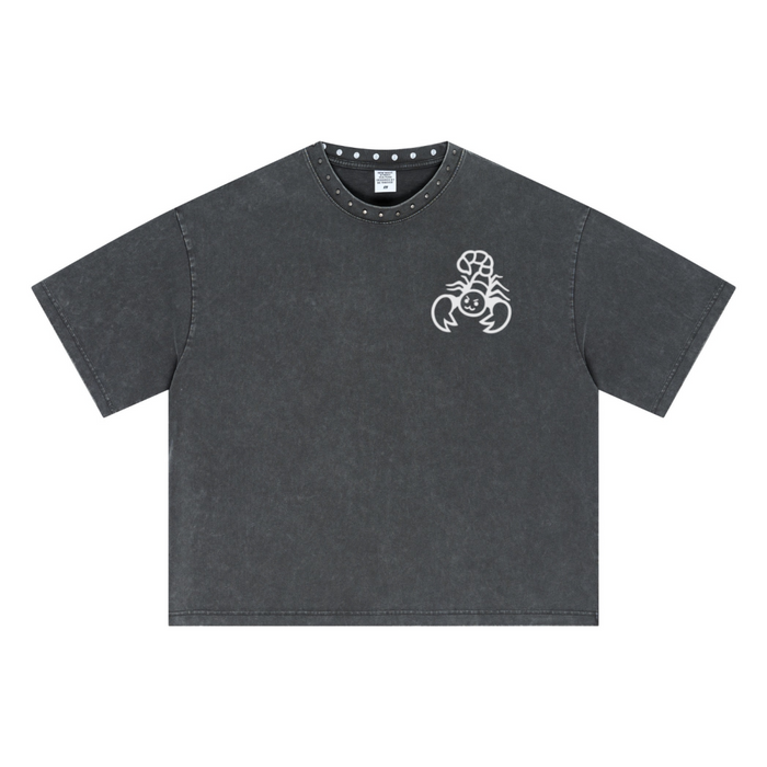 310GSM Men’s Boxy-Fit Distressed Fried-Color Snow-Wash Studded Loose T-shirt Vintage dark gray