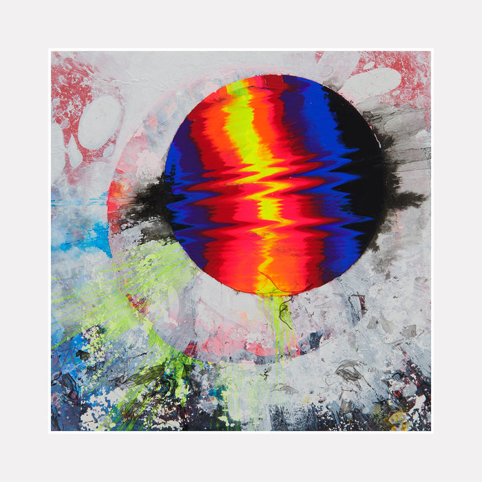 The artwork 'Thought I Saw Something' features a vibrant circular orb with striking red, yellow, and blue striations against a textured abstract background. The sphere appears to float above a landscape of mottled greys, soft pinks, and splashes of ethereal blue-green, created using gouache, spray paint, and conte crayon on wood by Millie Benson.