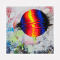 The artwork 'Thought I Saw Something' features a vibrant circular orb with striking red, yellow, and blue striations against a textured abstract background. The sphere appears to float above a landscape of mottled greys, soft pinks, and splashes of ethereal blue-green, created using gouache, spray paint, and conte crayon on wood by Millie Benson.