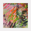 The artwork 'Tiger Waves' features dynamic diagonal brushstrokes in vibrant neon green, coral pink, and orange hues, creating an abstract tropical pattern. Bold spray paint techniques blend with delicate gouache details, producing a layered effect with expressive movement across the wooden surface. By Millie Benson.