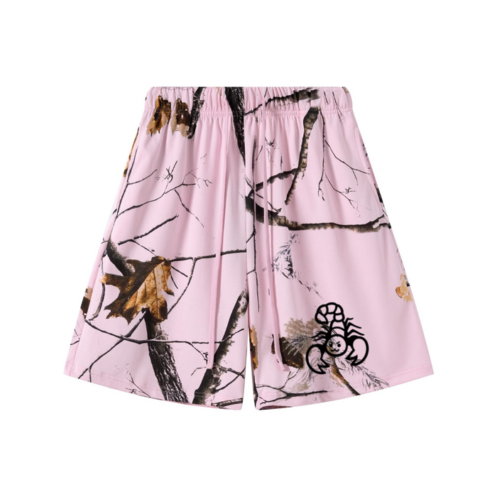 240GSM Unisex Branch Print Relaxed Fit Quick-Dry Cotton Shorts Light Pink