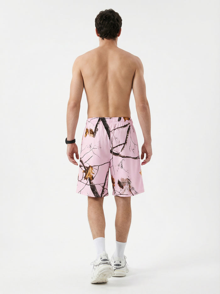 240GSM Unisex Branch Print Relaxed Fit Quick-Dry Cotton Shorts Light Pink