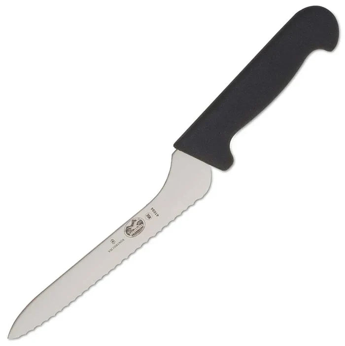 A Victorinox offset wavy edge knife with a serrated stainless steel blade and black Fibrox handle.