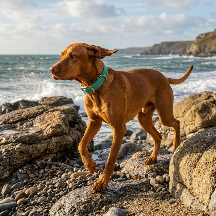 Vizsla wearing a teal biothane dog collar walking along a rocky coastline