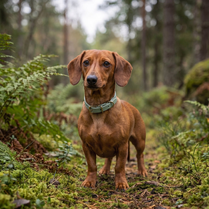 Dachshund wearing a sage green biothane dog collar standing on a forest path