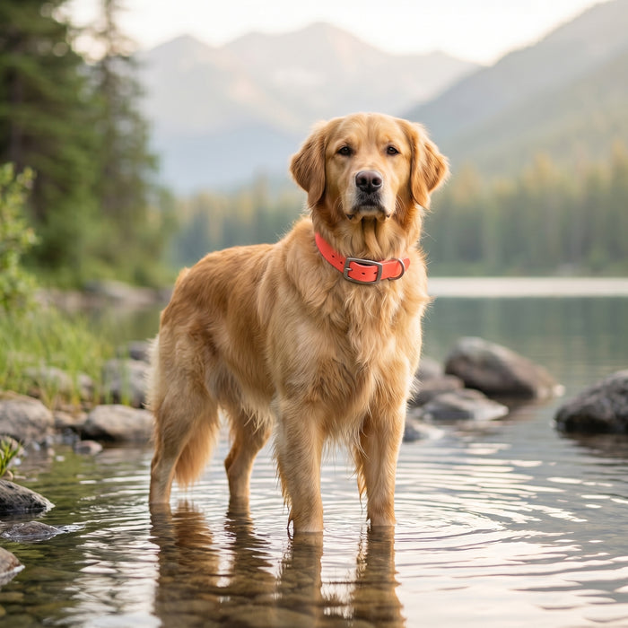 Golden retriever standing in water wearing an orange biothane dog collar