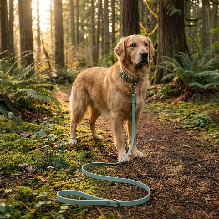 Golden retriever wearing a sage green biothane dog leash on a forest trail