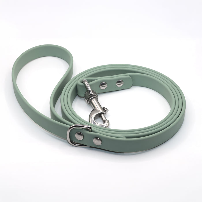 Sage green biothane dog leash handle detail with stainless steel hardware