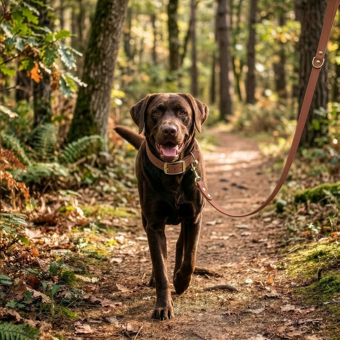 Chocolate lab walking on a trail wearing a biothane dog leash in the forest
