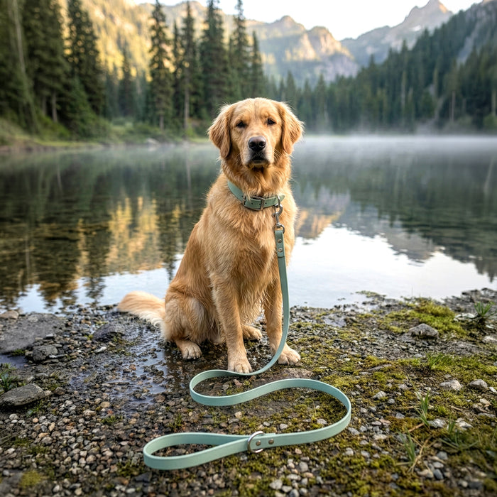 Golden retriever sitting by a lake with a sage green biothane dog leash