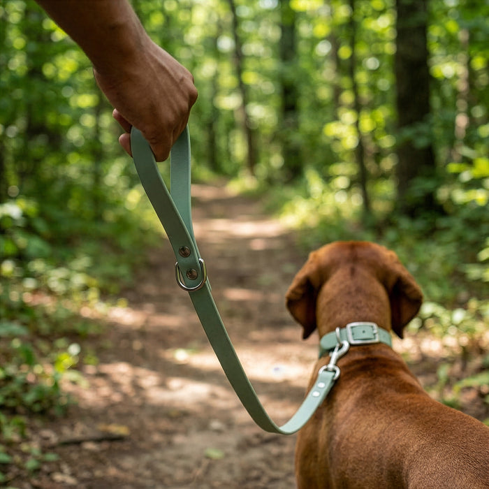 Hand holding a sage green biothane dog leash while walking a dog on a forest path